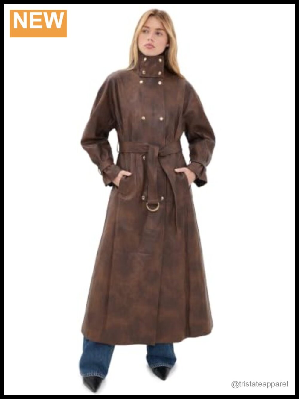 Faux Leather Trench Coat Double-Breasted with Belt Long Sleeve
